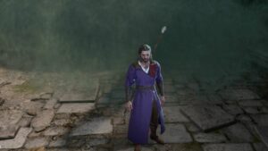 A man in a purple robe is standing on a stone path, wondering how to get rid of noxious fumes.
