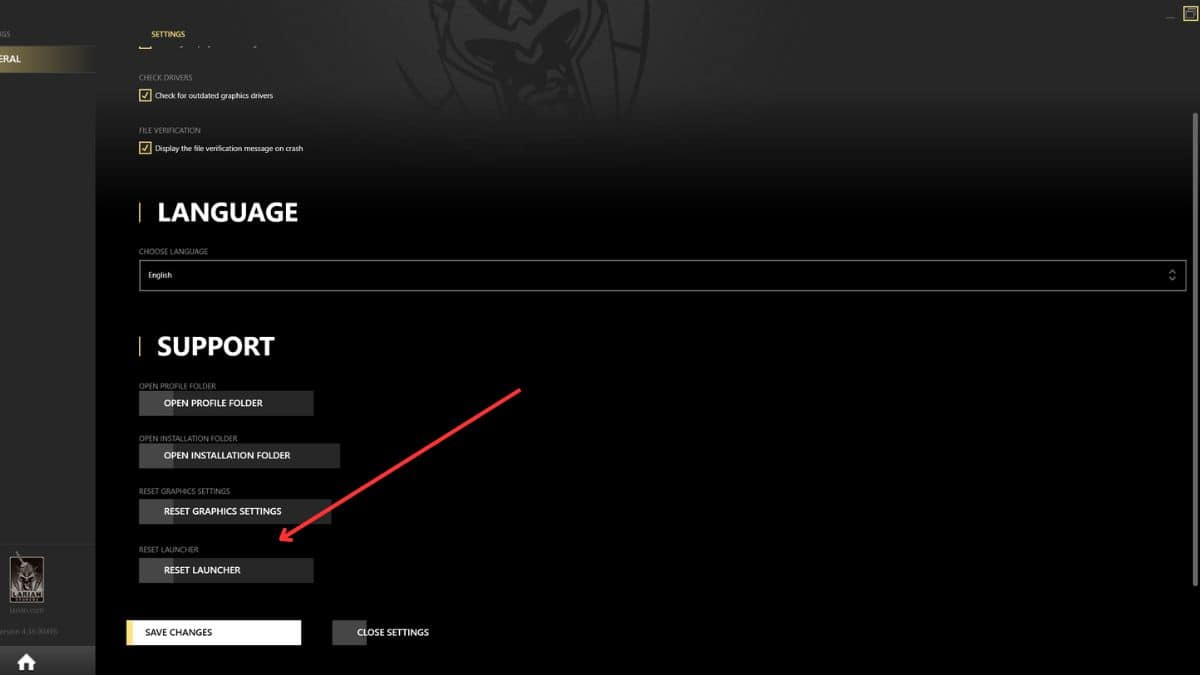 A blank launcher screen with a red arrow pointing to the language option.