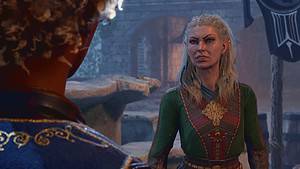 baldur's gate 3 crossplay: Two characters in conversation inside a stone-walled room.