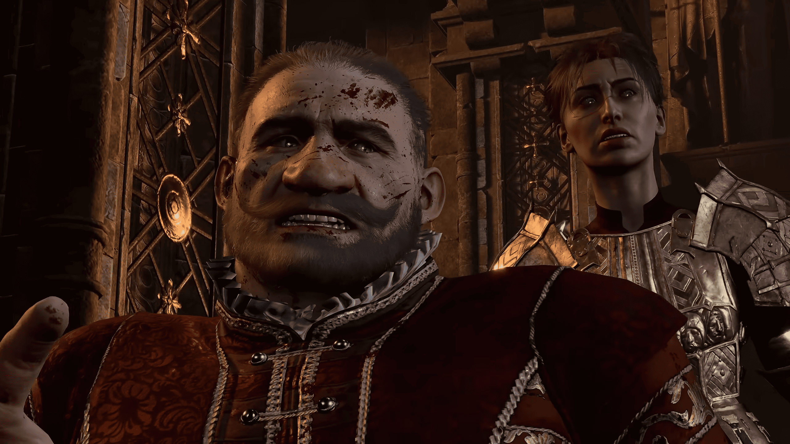 Baldur's Gate 3 Game Pass: A close-up of two characters, one with blood on his face.
