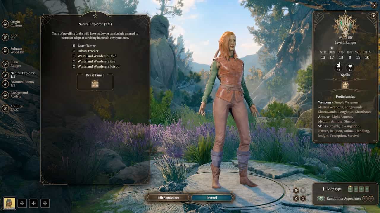 Baldur's Gate 3 ranger build: Screenshot from character creation
