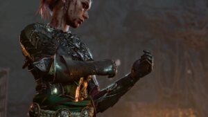 A female character in a video game wielding a sword while obtaining the Risky Ring.