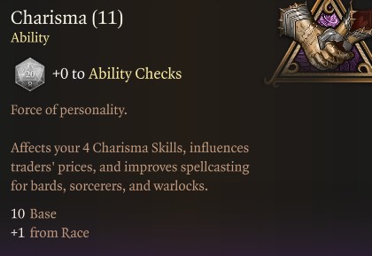 Baldur's Gate 3 abilities: Charisma tooltip in the game.