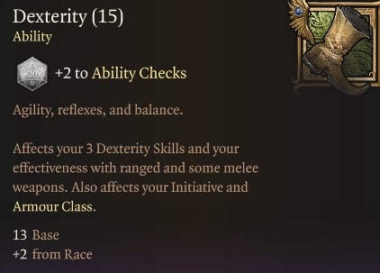 Baldur's Gate 3 abilities: Dexterity tooltip in the game.