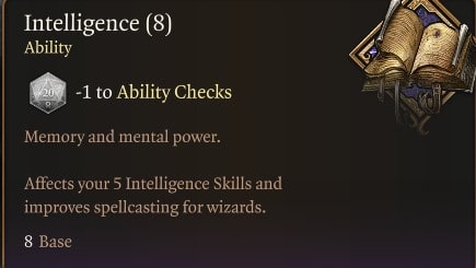 Baldur's Gate 3 abilities: Intelligence tooltip in the game.