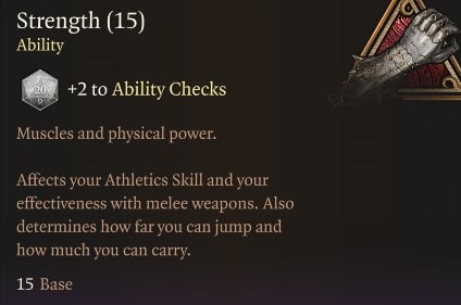 Baldur's Gate 3 abilities: Strength tooltip in the game.
