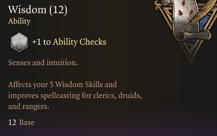 Baldur's Gate 3 abilities: Wisdom tooltip in the game.