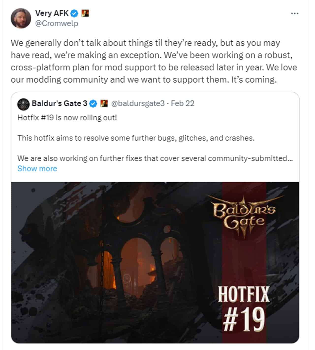 Baldur's Gate 3 Cromwelp tweet about mod support
