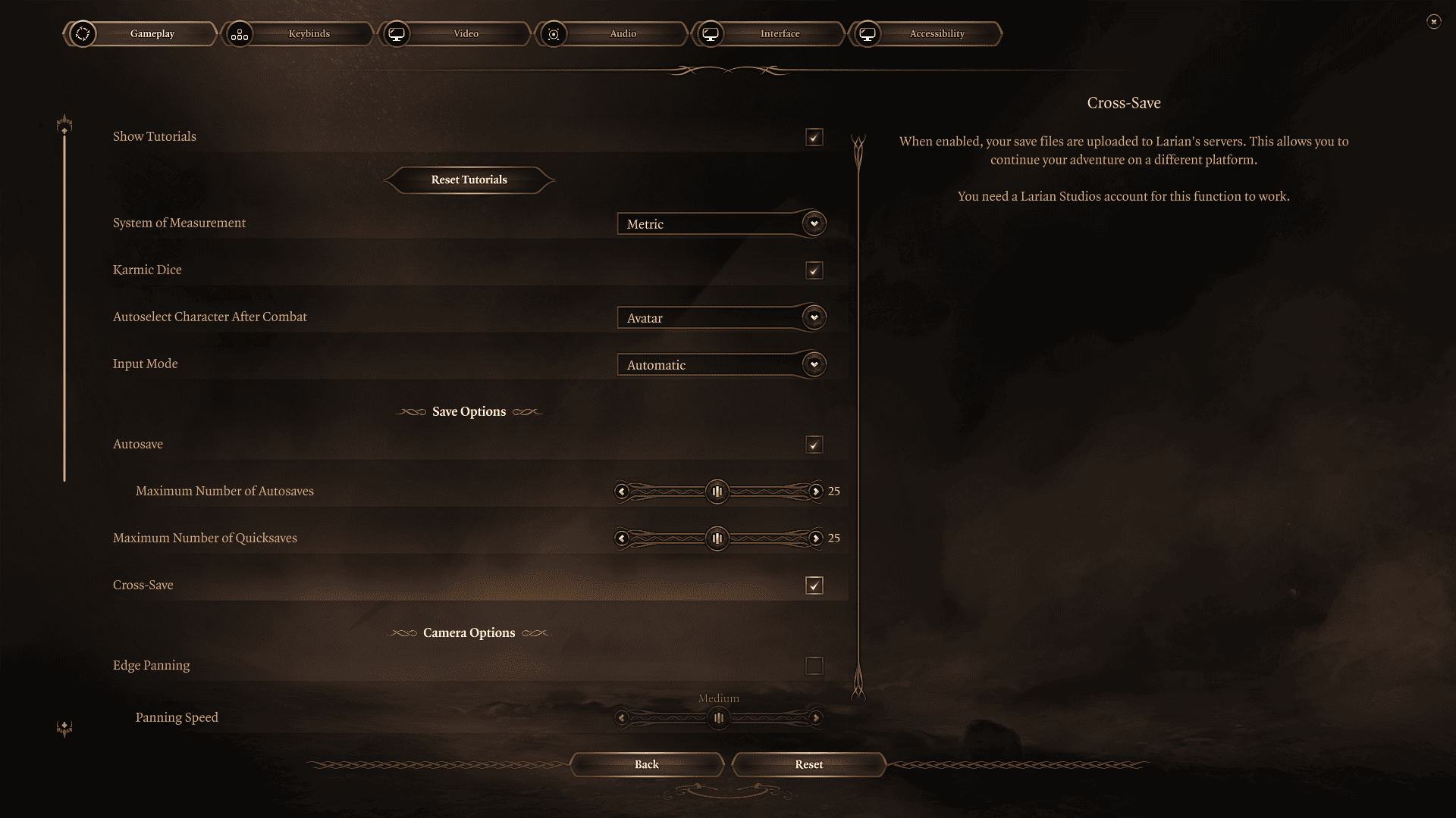 Baldur's Gate 3 how to cross save: An image of the in-game settings.