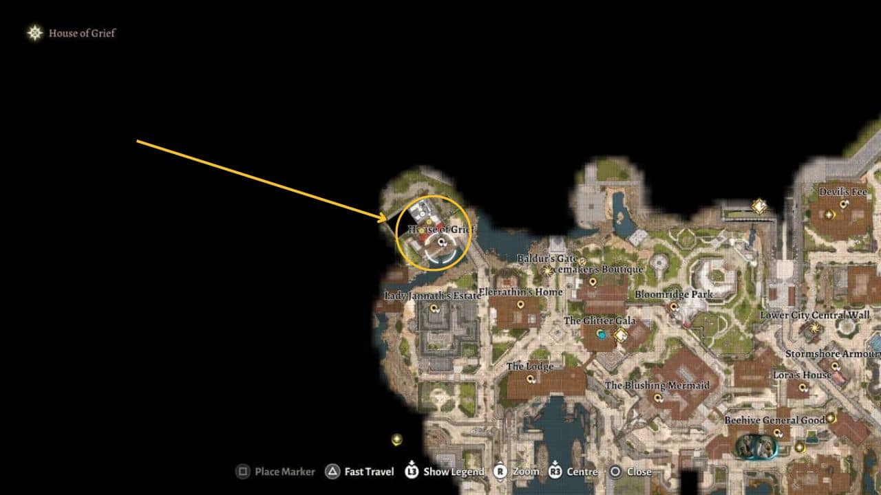 Baldur's Gate 3 how to beat Viconia: Map showing the location of the House of Grief