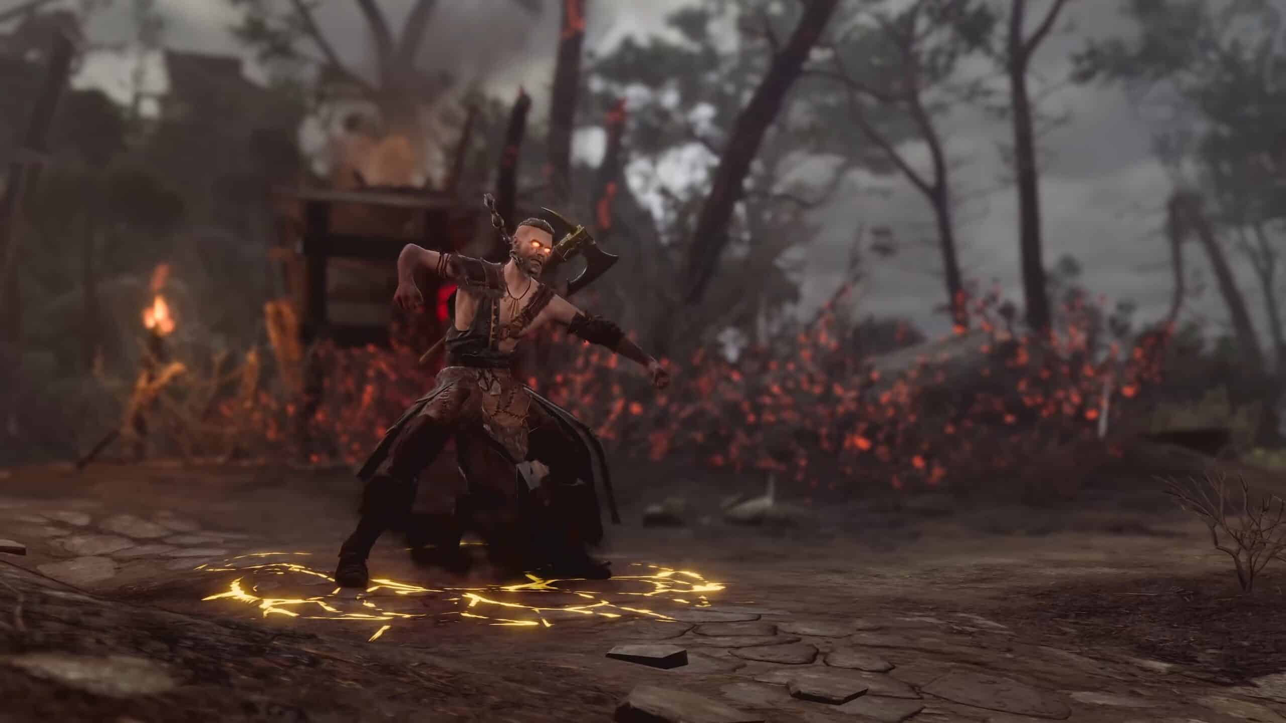 Baldurs Gate 3 Steam: Barbarian standing on glowing ground in a forest.