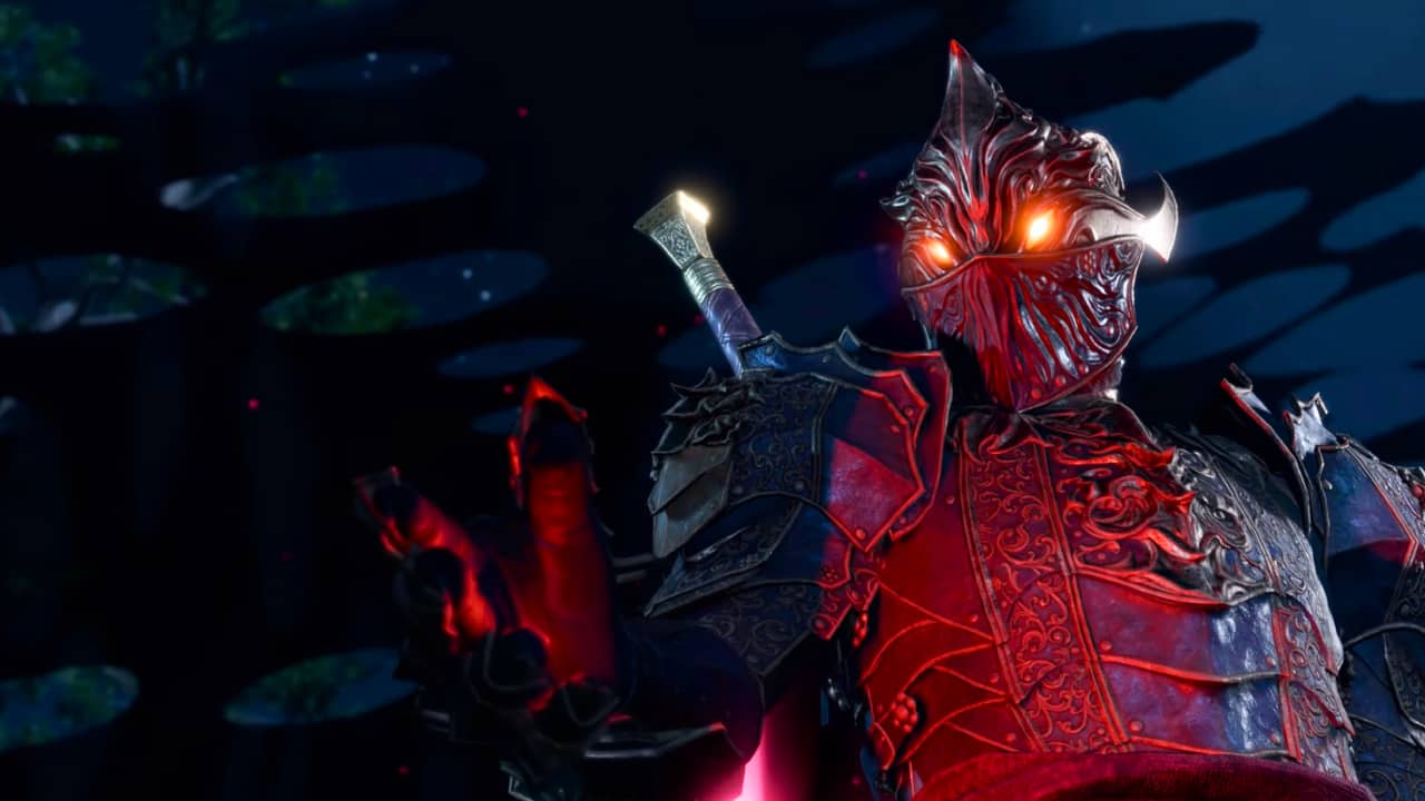 Baldur’s Gate 3 full release date: a knight glowing with red power stares downward outstretching a hand.