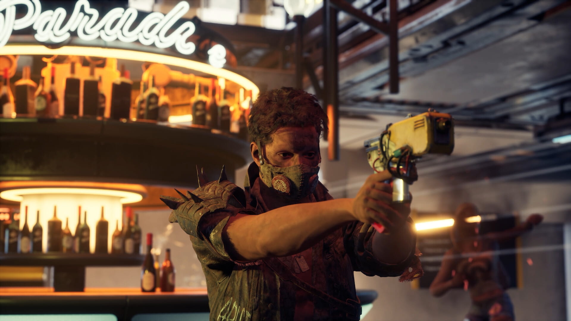 Armed survivor aiming a pistol inside a neon-lit bar in Enginefall