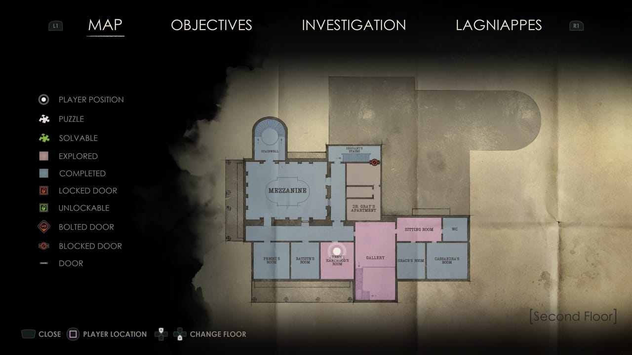 A screenshot of a video game map interface from "Alone in the Dark" showing various rooms, player position, and different points of interest icons related to how to get the Barlow Lens.
