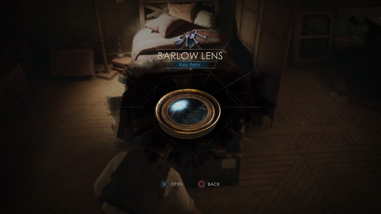 How to get the Barlow Lens in Alone in the Dark: In-game screenshot showing a character acquiring a "Barlow lens" as a key item, with a prompt to press 'x' to