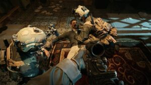 Two soldiers in tactical gear interrogate a captured man on the floor during a mission in Battlefield 6
