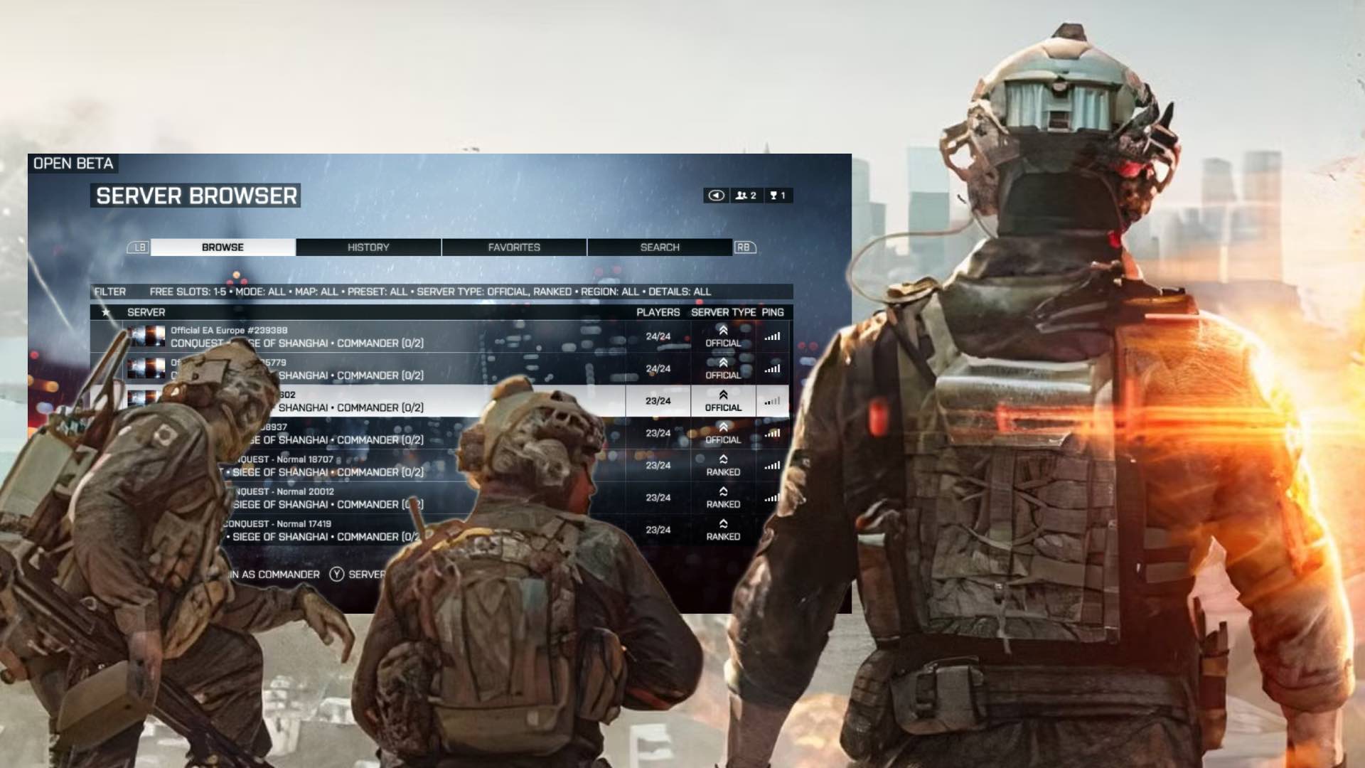 Battlefield 6 soldiers in front of server browser 