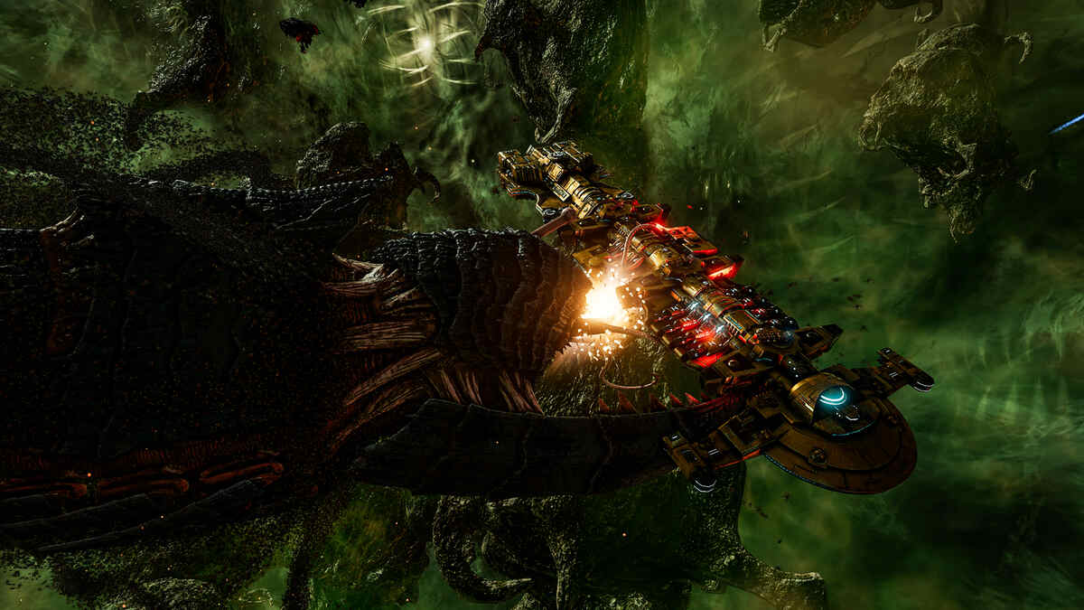 A giant monster destroying a ship in Battlefleet Gothic Armada 2