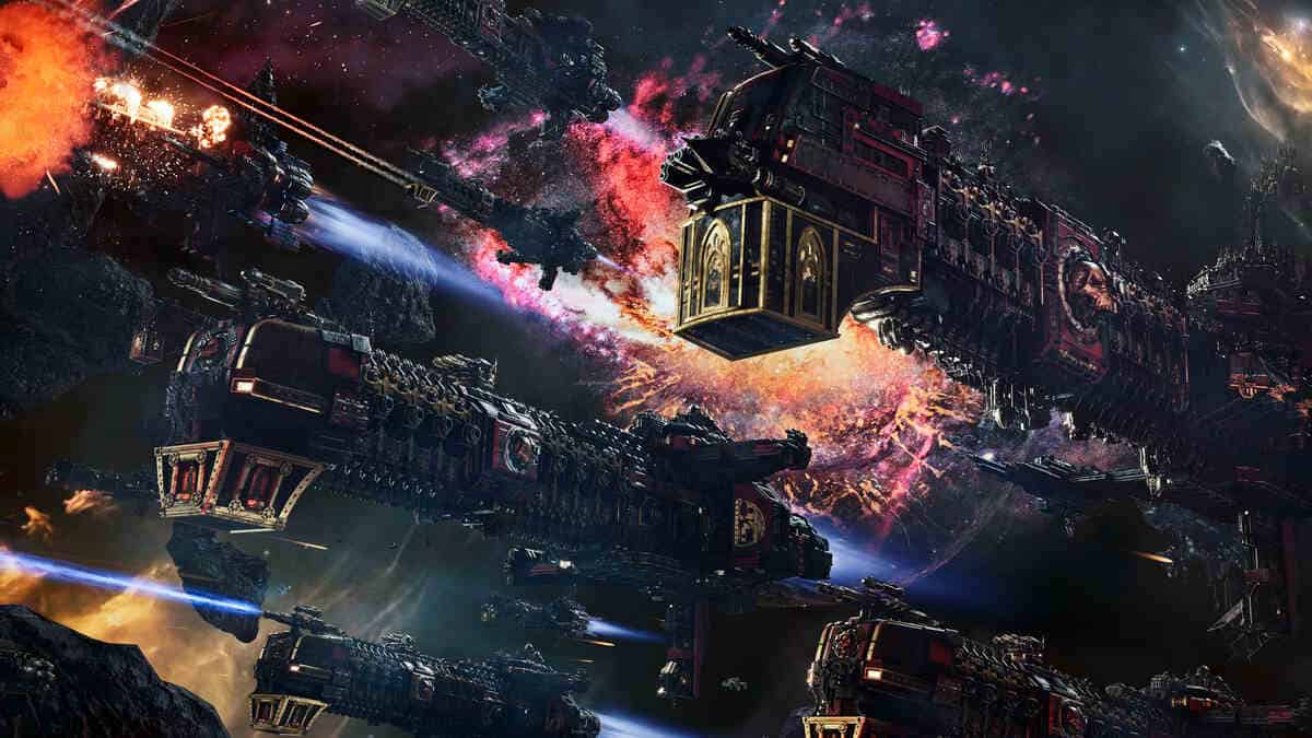 A fleet of large, ornate spaceships in Battlefleet Gothic Armada 2