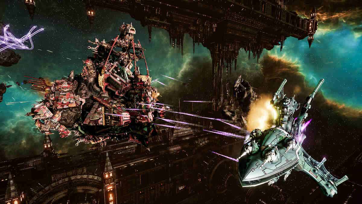 A big spaceship attacking a small one in Battlefleet Gothic Armada 2