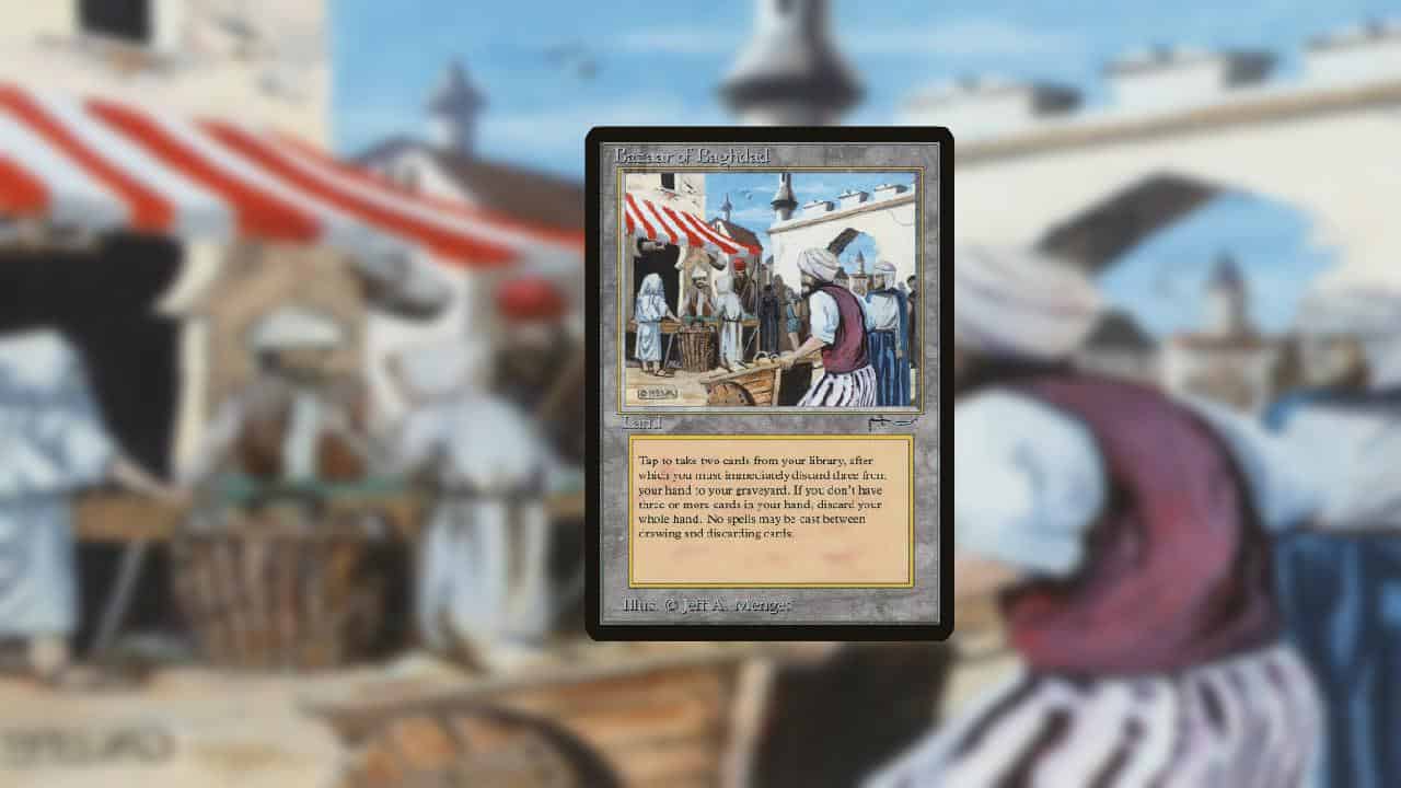 MTG expensive cards - An image of the Bazaar of Baghdad card in MTG. Image captured by VideoGamer.