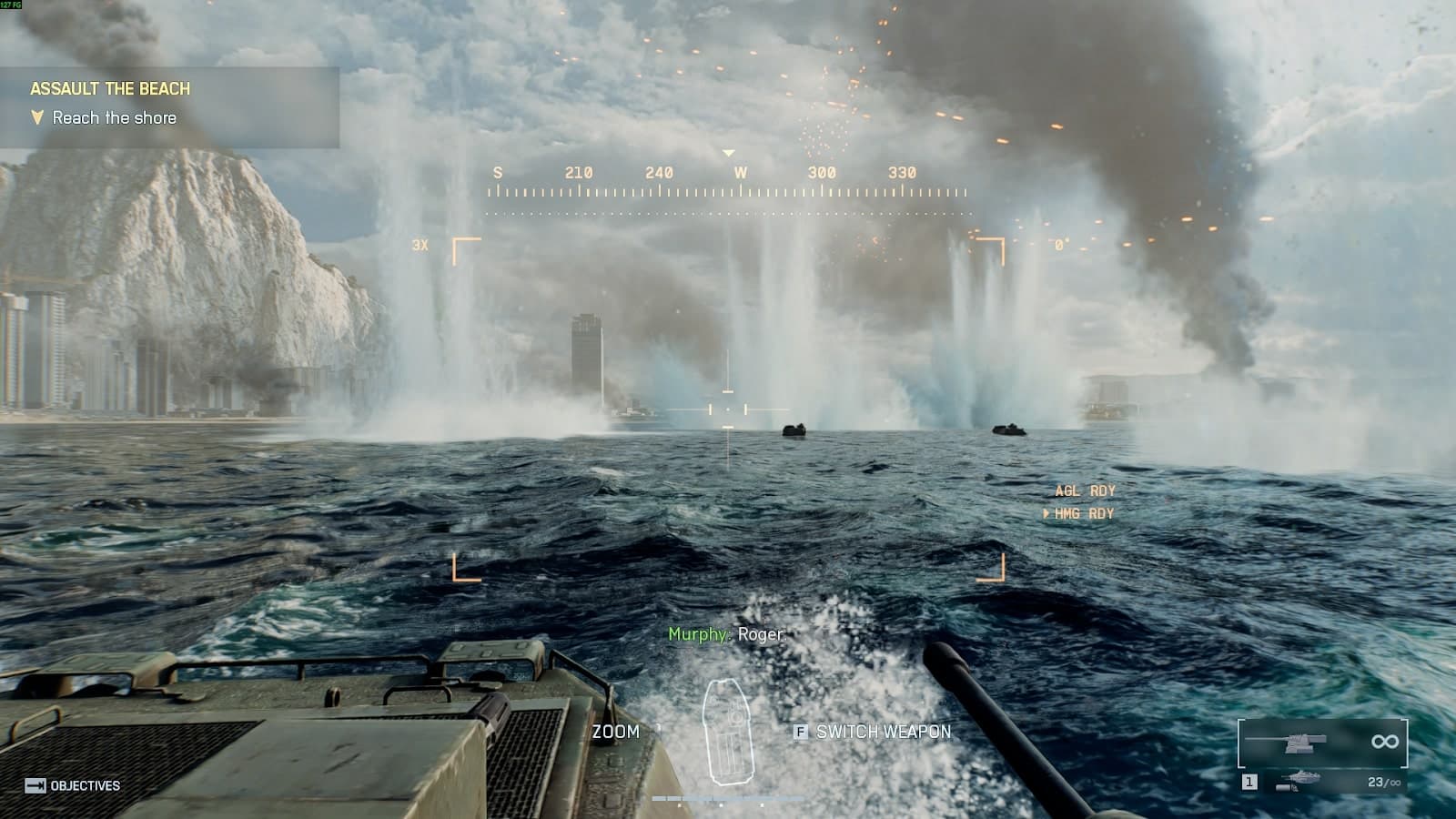 View from an armored boat approaching the shore under fire during a Battlefield 6 mission