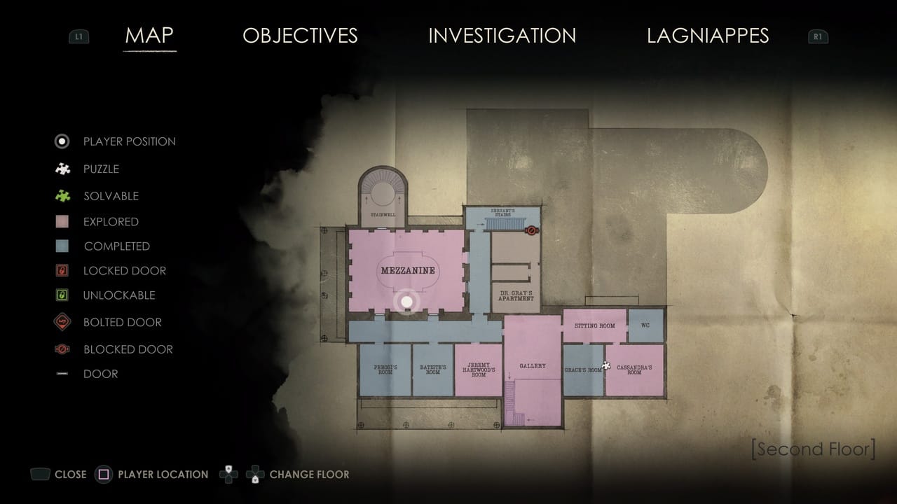 A digital in-game map showing different rooms with the player's current position indicated and various door statuses such as locked, unlocked, and blocked, specifically designed for "Alone in the Dark: Lagn