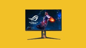 The best Asus ROG gaming monitor on a yellow background.