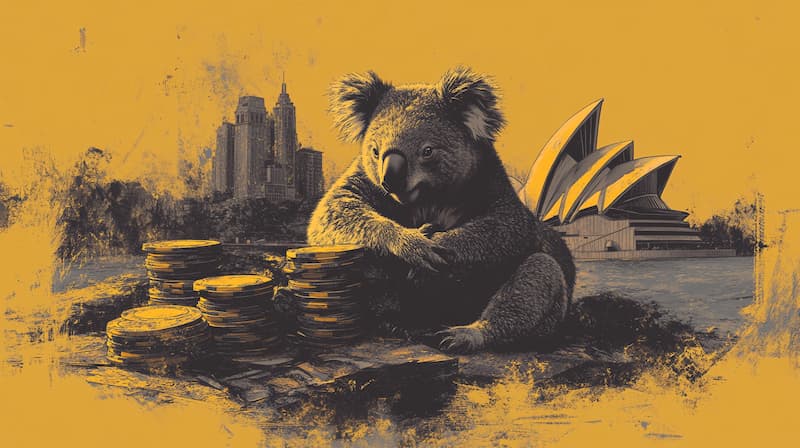 A montage of Australia with a koala bear and casino chips in the foreground and the Sydney Opera House in the background.