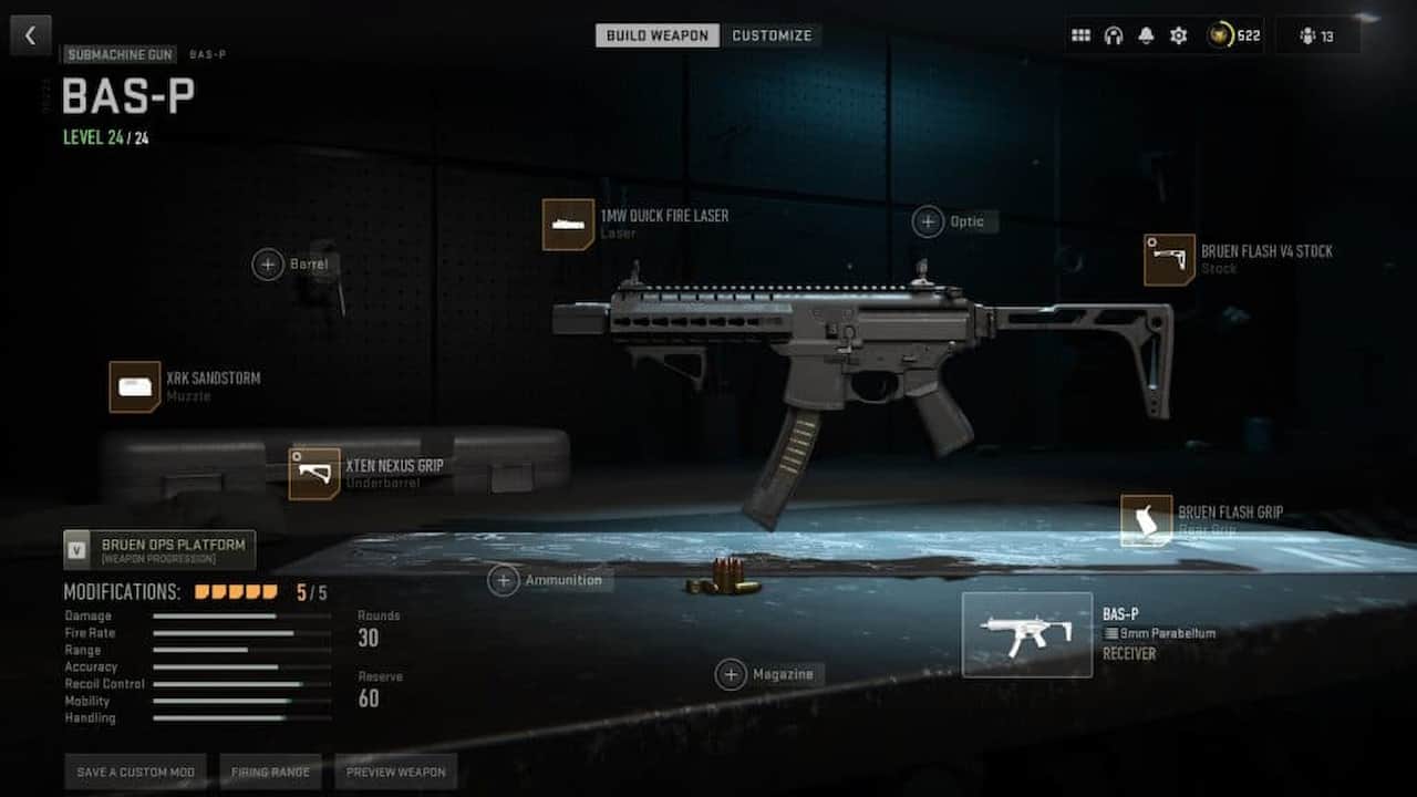 A screenshot of the BAS-P weapon in MW2 video game.