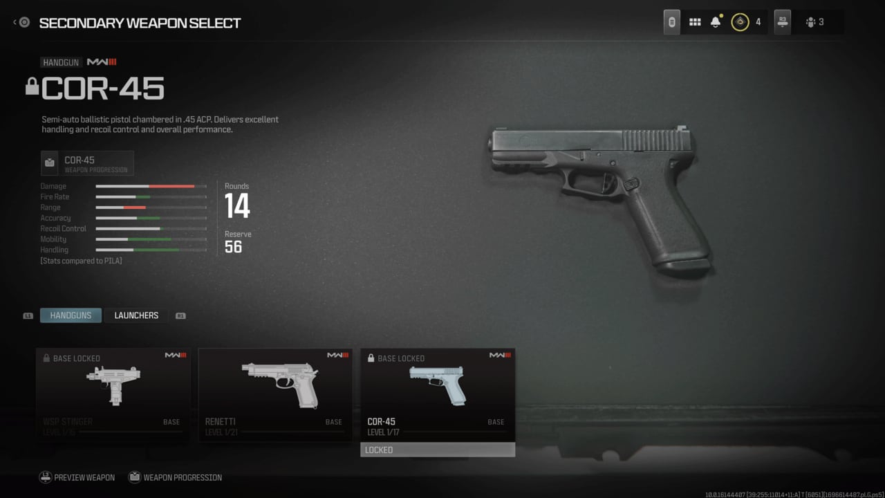 An image of the COR-45 pistol in the MW3 Gunsmith. Image captured by VideoGamer.