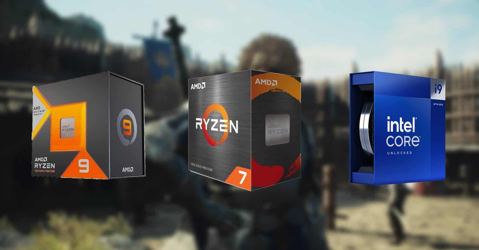 A visual comparison of processor packaging for amd ryzen 7, amd ryzen 9, and intel core i9, highlighting the best CPU for Dragon's Dogma 2.