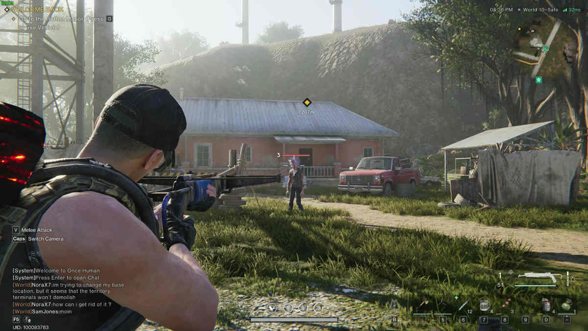 Survivor shooting a mutant zombie with a crossbow in a game.
