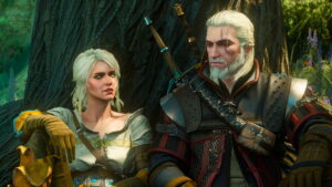 Geralt and Ciri resting under a tree during a conversation in The Witcher 3 Wild Hunt