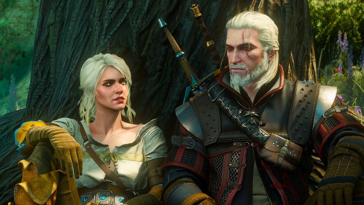 Geralt and Ciri resting under a tree during a conversation in The Witcher 3 Wild Hunt
