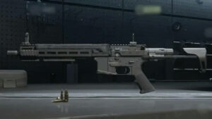A gun is sitting on a table in a dark room, reminiscent of a Hurricane Loadout from MW2.