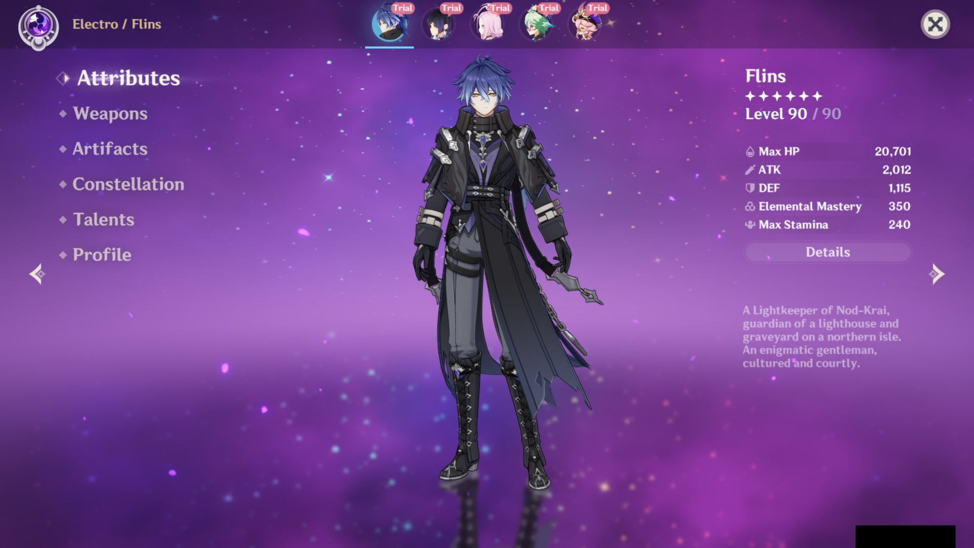 A character named Flins stands against a purple cosmic background, wearing a dark, intricate outfit