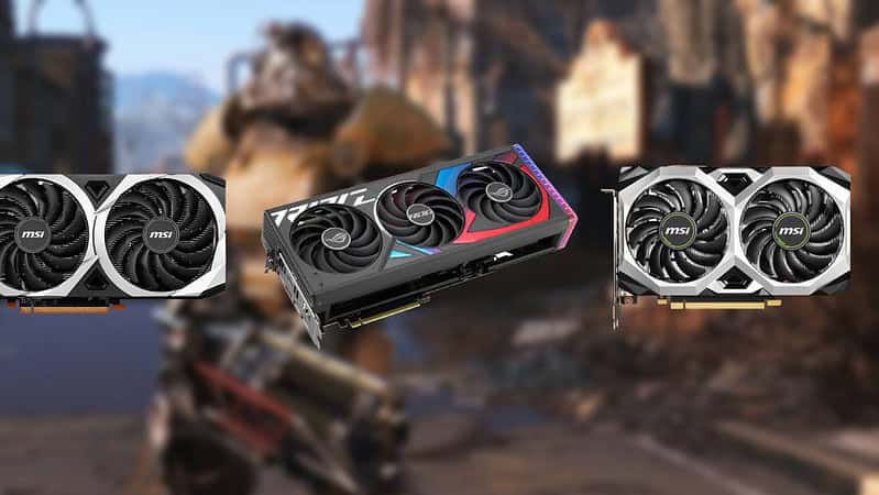 Three graphics cards displayed in a horizontal line, with blurred video game background featuring a robotic character from Fallout 4.