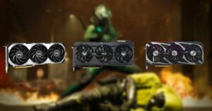 Three different models of the best GPUs for MW2 displayed in front of a blurred background featuring a figure in combat gear.