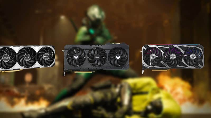 Three different models of the best GPUs for MW2 displayed in front of a blurred background featuring a figure in combat gear.