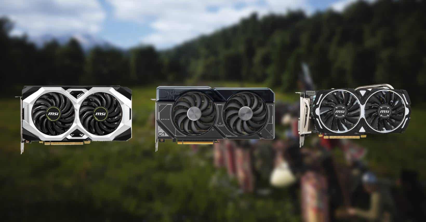 Three different models of the best GPU for Manor Lords 2024, MSI graphics cards, displayed in front of a blurred natural background.