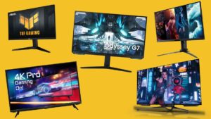 Five HDMI 2.1 monitors that feature in the article arranged in various positions against a yellow background
