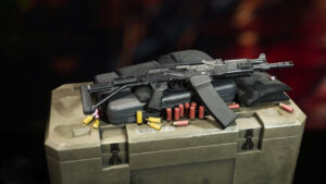 An MW2-themed AK-47 rifle confidently sits atop a box, ready for a Broadside attack.