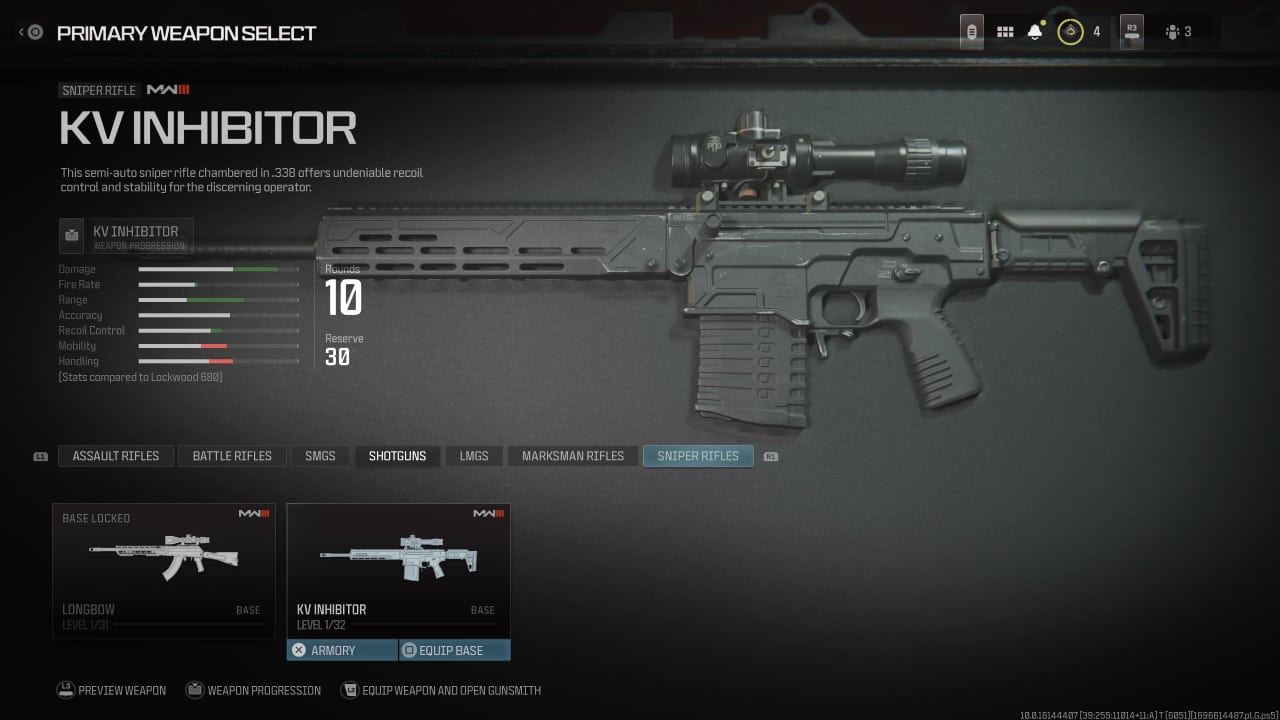 A screenshot of a weapon in the game with the best KV Inhibitor loadout.