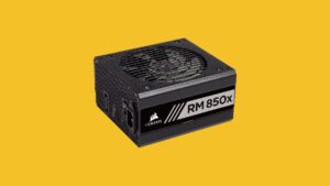 Corsair rm600x PSU, the best choice for RX 7900 XTX & XT, against a vibrant yellow background.