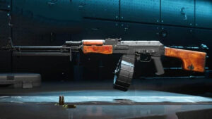An MW2-inspired RPK rifle on a table in a dark room.