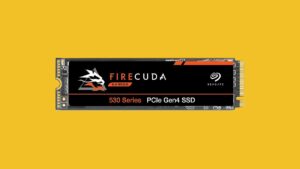 A firecuda SSD prominently displayed on a vibrant yellow background, perfect for Armored Core 6 enthusiasts seeking the best storage solution.