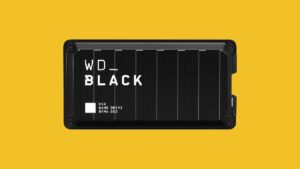 The best black SD card for gaming PC in 2023, placed on a vibrant yellow background.