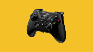 A black gaming controller on a yellow background, perfect for Armored Core 6.