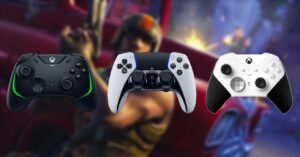 Three gaming controllers, voted the best for Fortnite, are placed in front of a blurred background with hints of a gaming scene.